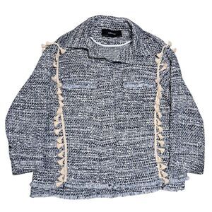 Zara Tweed Jacket Boho Western Tassel Pockets Medium Blue/White